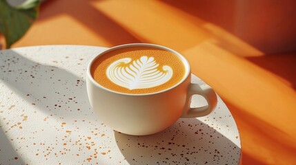 Poster - Beside a sun-filled window, a beautifully crafted cup of hot coffee with milk rests on a speckled table. The delicate latte art adds elegance to this warm, cozy moment