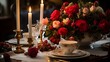 © ChrisTYCat - Romantic candlelit dinner table setup with floral centerpiece and elegant tableware  Cozy and intimate atmosphere perfect for a special occasion date night or festive
