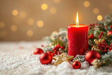 Poster - Festive red candle with Christmas decorations on snow, glowing bokeh background.