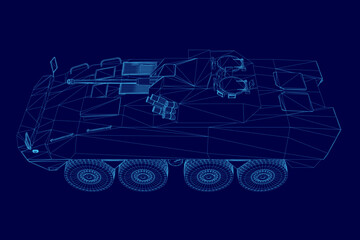 Poster - Blue drawing of a military vehicle. The vehicle is a tank with a blue color scheme