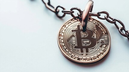 Cryptocurrency Bitcoin Coin Secured with Metal Chain Close up Macro Shot