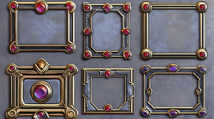 Golden silver vintage game frames, ui medieval square borders from metal, gems and red, purple buttons. Cartoon empty metallic bordering with gemstone isolated design elements, Vector illustration set