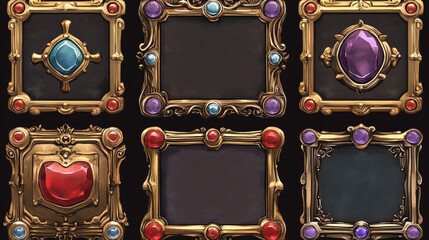 Golden silver vintage game frames, ui medieval square borders from metal, gems and red, purple buttons. Cartoon empty metallic bordering with gemstone isolated design elements, Vector illustration set