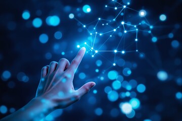 Poster - Hand touching glowing digital network connections on a blue background.