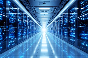 Aufkleber - Futuristic server room with glowing blue lights and a bright light at the end of the corridor.