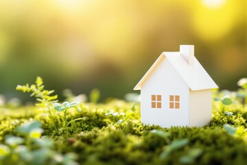 Poster - Small white house on mossy green ground under soft sunlight background.