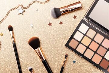 Poster - Makeup brushes and products on golden glitter background.