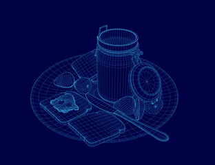 Poster - Close up of a plate with a sandwich, a spoon, and a jar of jam. The plate is blue and white, and the sandwich is cut in half. The spoon is placed next to the sandwich