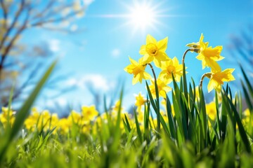 Poster - Bright yellow daffodils under a sunny blue sky.