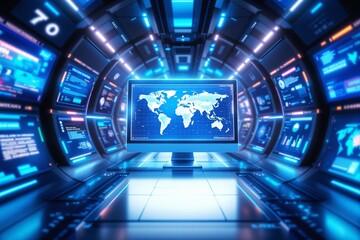 Aufkleber - Futuristic control room with a monitor displaying a world map surrounded by glowing digital interfaces.