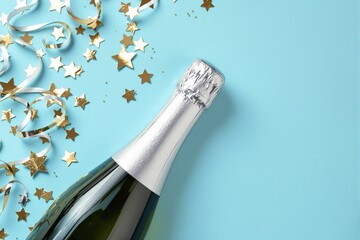 Poster - Champagne bottle with silver foil and golden confetti ribbons on light blue background celebrating festive occasion.