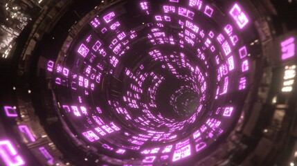 Fototapete - Futuristic Purple Neon Tunnel Abstract Sci Fi Digital Corridor Glowing Data Stream