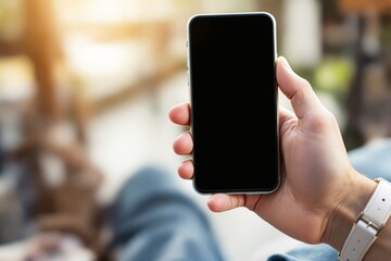 Poster - Closeup of a hand holding a smartphone with blank screen in natural light background, ideal for app or product design display.