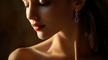 Wall Mural - A woman with long dark hair and blue earrings