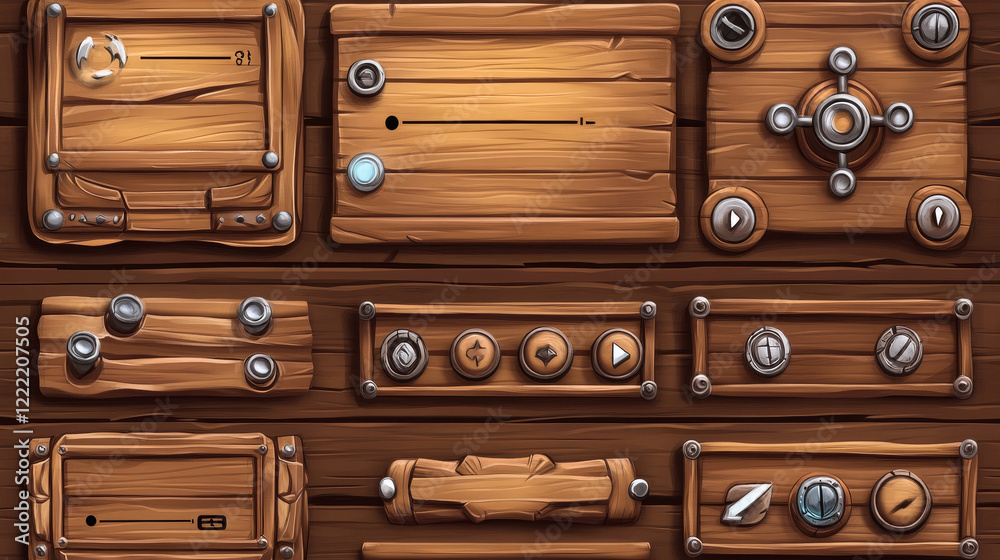 Set of wooden game ui board templates isolated on background. Vector ...