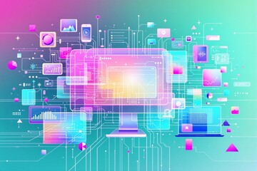 Poster - Abstract digital technology interface with colorful icons on gradient background.