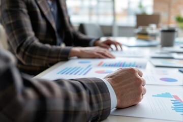 Poster - Close-up of business professionals analyzing financial charts and graphs on a desk in a modern office setting.