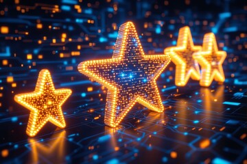 Poster - Bright glowing digital stars in futuristic neon background.
