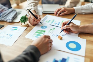 Poster - Hands pointing at financial charts and graphs on a wooden desk background.