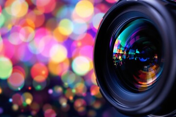 Aufkleber - Close-up of camera lens with colorful bokeh lights in the background.