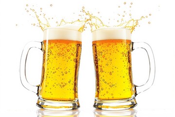 Poster - Two frosty beer mugs with golden liquid and foam splashing, isolated on a white background.