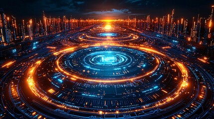 Fototapete - Futuristic Cityscape Neon Lights Circular Pathways Digital Interface Sci Fi Technology
