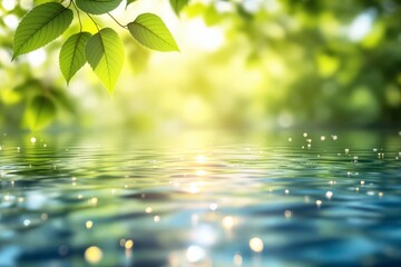 Poster - Abstract nature background with green leaves and rippling water in sunlight.
