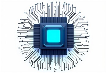 Poster - Glowing Blue Microchip Illustration, Golden Ratio, Top-View, Isolated on White, Clip Art Style, Futuristic Design, Minimalist Aesthetic, Digital Innovation, Technology Art, Vibrant Colors
