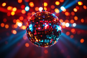 Poster - Close-up of a shiny disco ball reflecting vibrant red and blue lights with a blurred background of colorful bokeh dots.