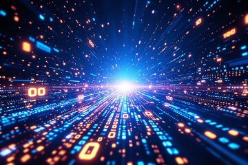 Poster - Futuristic digital data stream with glowing binary code and numbers on a blue background.