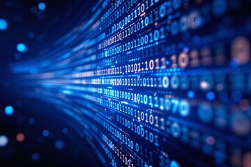 Poster - Abstract binary code background with flowing blue light.