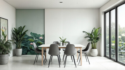 Wall Mural - a white table with grey chairs and a green plant in the middle