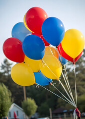 Colorful balloons in red, blue, and yellow, festive atmosphere for Bastille Day celebration, cheerful decorations, copy space