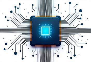Poster - Top-View Futuristic Microchip, Golden Ratio Layout, Glowing Blue Circuits, Isolated on White, Clip Art, Minimalist Design, Vibrant Colors, Digital Innovation, Tech Illustration, Creative Resource
