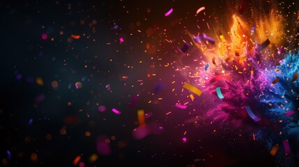 Aufkleber - A vibrant explosion of colors with confetti-like elements against a dark background, creating a festive and dynamic atmosphere.