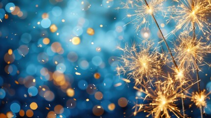 Poster - A vibrant background of blue with shimmering bokeh and sparkling lights, creating a festive and celebratory atmosphere.