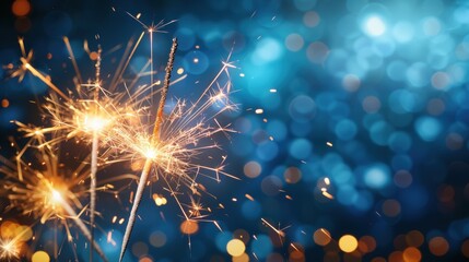 Poster - A close-up of sparklers illuminating a blue background with bokeh effects, creating a festive and celebratory atmosphere.