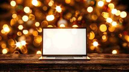 Poster - A laptop sits on a wooden surface, illuminated by a sparkling bokeh background, creating a warm, festive atmosphere.