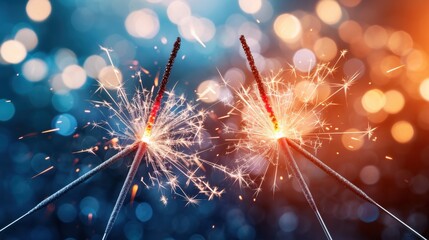 Poster - Two sparklers emit bright sparks against a colorful, blurred background, creating a festive and celebratory atmosphere.