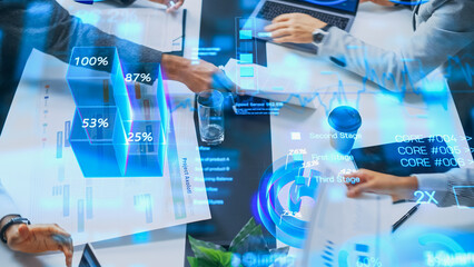 Poster - Top View of a Business Meeting With Interactive Holographic Data Visualizations. Professionals Analyze Charts, Graphs, and Percentages Projected. AI Technology in Modern Corporate Revenue Growth