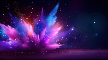 Poster - A vibrant explosion of colors creates a cosmic scene, blending shades of blue, pink, and purple against a dark background.
