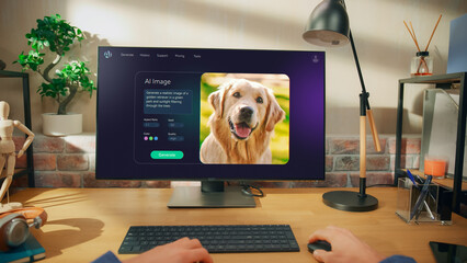 Fototapete - POV Shot: Person Using Computer and Screen Displays an AI Chatbot Interface With Productivity Tips. Innovative AI Virtual Assistant Generates Creative Visual Content, Cute Dog. Point of View Angle