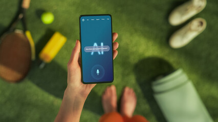 Fototapete - A Hand Holds a Smartphone Displaying an AI Chatbot Interface. Device Shows Tennis Rules, AI Assistants Provides Search Result Sports Information and Enhance User Knowledge On-demand. POV on Court Shot