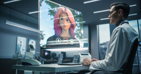 Aufkleber - In a Futuristic Medical Office, a Physician Interacts With an Animated Patient Avatar on a Holographic Display. Video Consultation Where Physician Discusses Medical Exam Test Results 