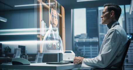 Aufkleber - In a Futuristic Medical Office, a Physician Interacts With a Holographic Avatar of a Colleague. Video Consultation, Physician Discusses Medical Exam Test Results and Gives Telehealth Advice.
