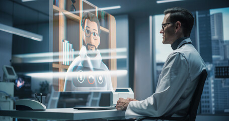 Aufkleber - In a Futuristic Medical Office, a Physician Interacts With a Holographic Avatar of a Colleague. Video Consultation, Physician Discusses Medical Exam Test Results and Gives Telehealth Advice.