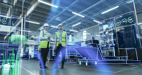 Poster - Engineers Use Augmented Reality to Visualize 3D Engine Turbine Concept in Factory Setting. Holographic Display Shows VFX Mechanical Components, Design and Analysis Processes for Industrial Innovation.