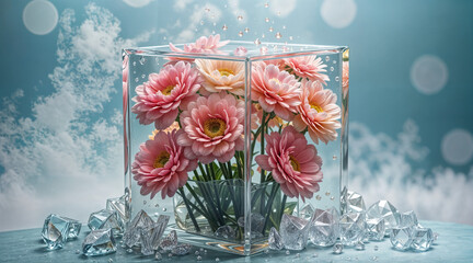 Wall Mural -  flowers in a glass cube. Generative AI