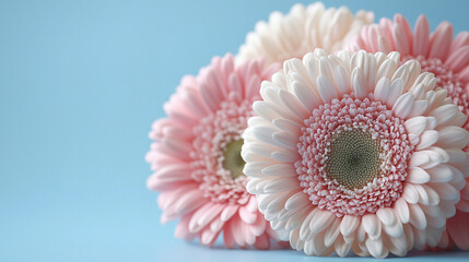 Poster - White and pink assorted flowers create a soft minimalistic background in bright tones symbolizing purity beauty and love modern blurred effect with empty blank space ideal for captions or designs

