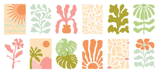 Wall Mural - summer botanical doodle background art vector set. hibiscus flower, coconut tree, monstera leaf, sea